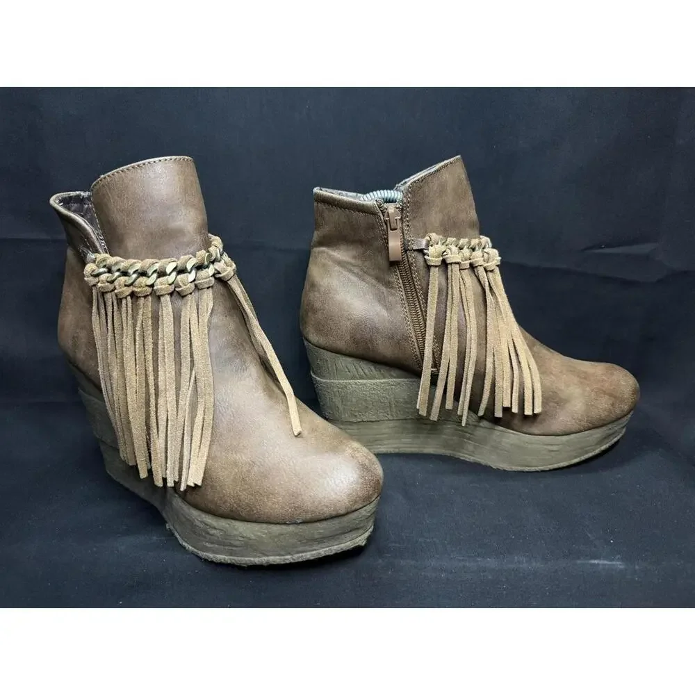 Sbicca Boots Womens Size 10 Wedge Fringe Suede Western Boho Zip Ankle‎ Booties